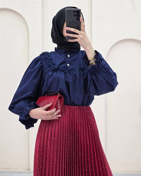 Taşlı Pliseli Kraş Etek  -Kırmızı-Etek-207-2525-R33