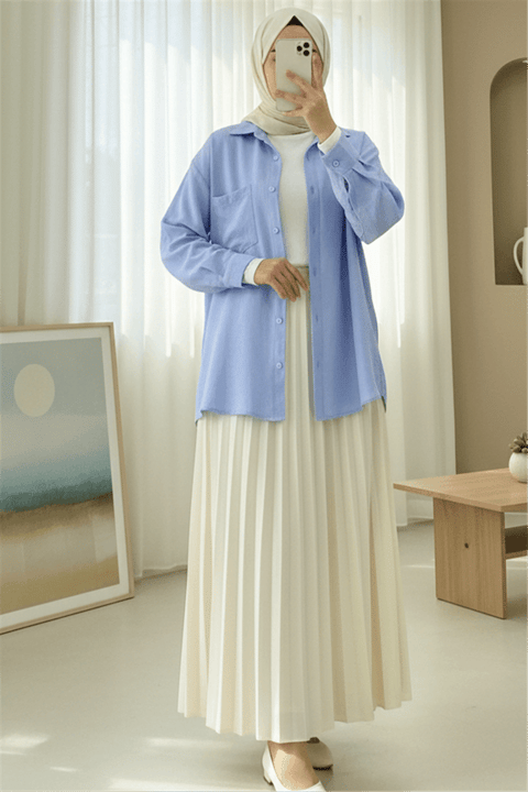 Tek Cepli Düğmeli Keten Gömlek -Bebe Mavi-Gömlek-418-1902-R32