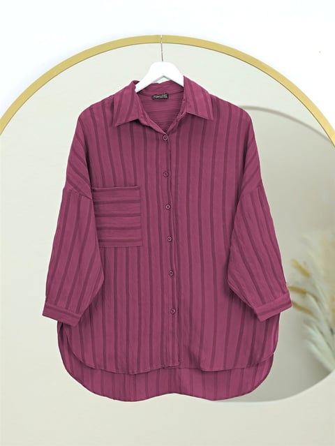 Gömlek-Tek Cepli Kolu Katlamalı Oval Kesim Gömlek -Bordo-317-2417-R04