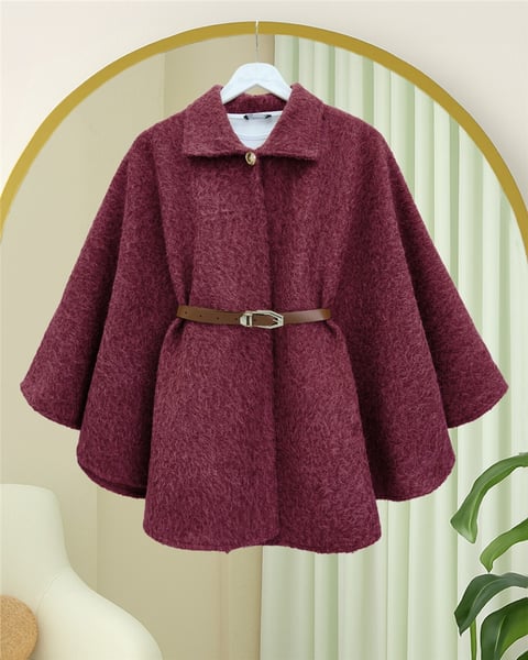Tek Düğmeli  Beli Kemerli  Sakallı Panço    -Bordo-Ceket-398-66001-R04
