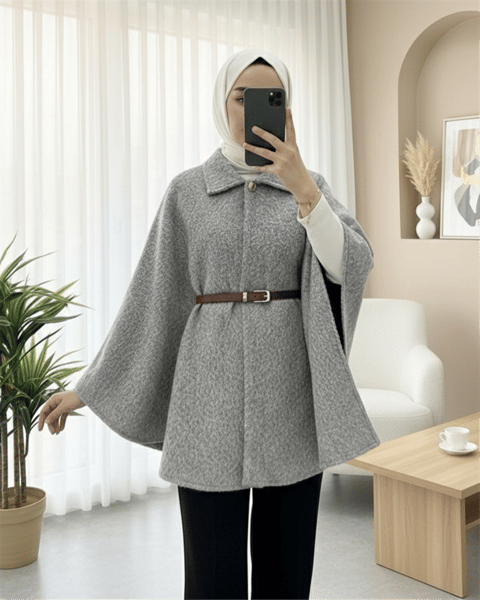 Tek Düğmeli  Beli Kemerli  Sakallı Panço   -Açık Gri-Ceket-398-66001-R41