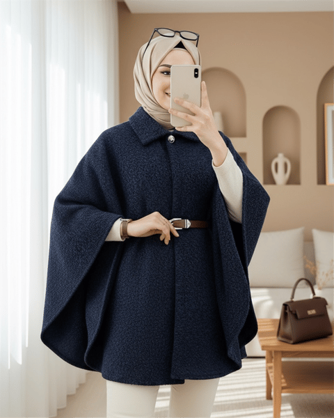 Tek Düğmeli  Beli Kemerli  Sakallı Panço  -Laci-Ceket-398-66001-R03