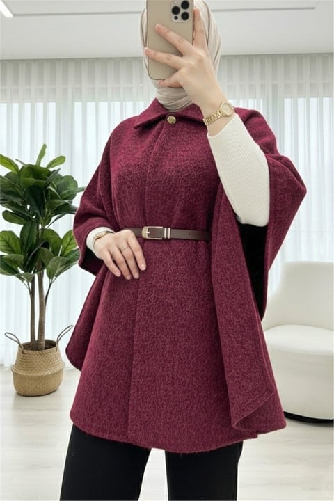 Tek Düğmeli  Beli Kemerli  Sakallı Panço    -Bordo-Ceket-398-66001-R04
