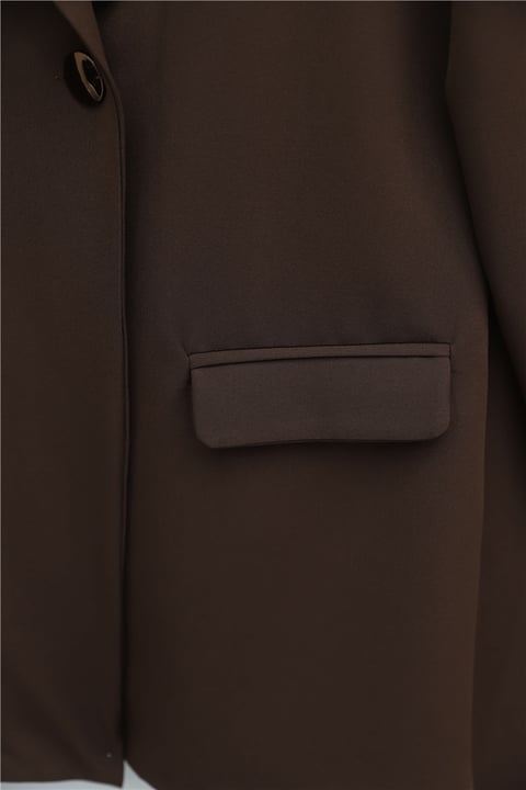 Tek Düğmeli Cep Detaylı Kruvaze Yaka Pantolonlu Krep Takım -Kahve-Takım-386-6277-R15