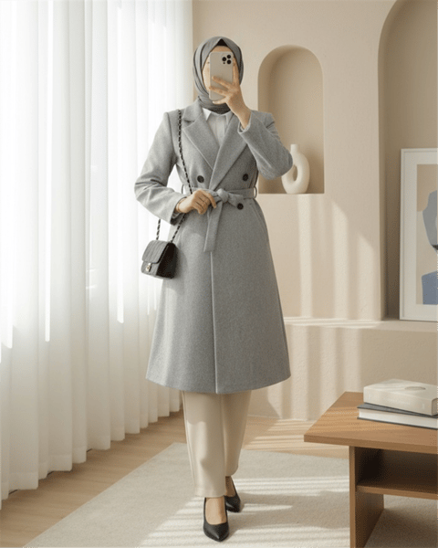 Tek Düğmeli Cepli Kemerli Astarlı Kaşe Kaban -Gri-Kaban-197-4911-R11