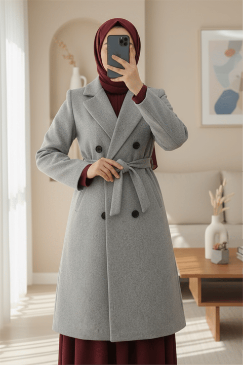 Tek Düğmeli Cepli Kemerli Astarlı Kaşe Kaban -Gri-Kaban-197-4911-R11