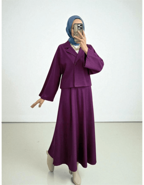 Tek Düğmeli Etekli Keçe Takım -Mürdüm-Takım-307-0024-R09