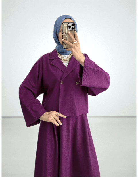 Tek Düğmeli Etekli Keçe Takım -Mürdüm-Takım-307-0024-R09