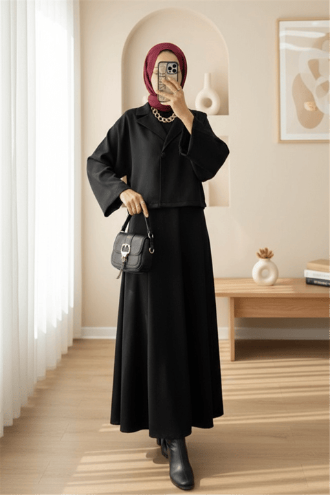 Tek Düğmeli Etekli Keçe Takım -Siyah-Takım-307-0024-R01