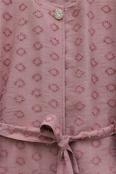 Tek Düğmeli Kabartma Nakışlı Bağlamalı Vual Krep Takım -Pembe-Takım-398-22041-R20