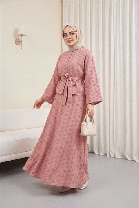 Tek Düğmeli Kabartma Nakışlı Bağlamalı Vual Krep Takım -Pembe-Takım-398-22041-R20