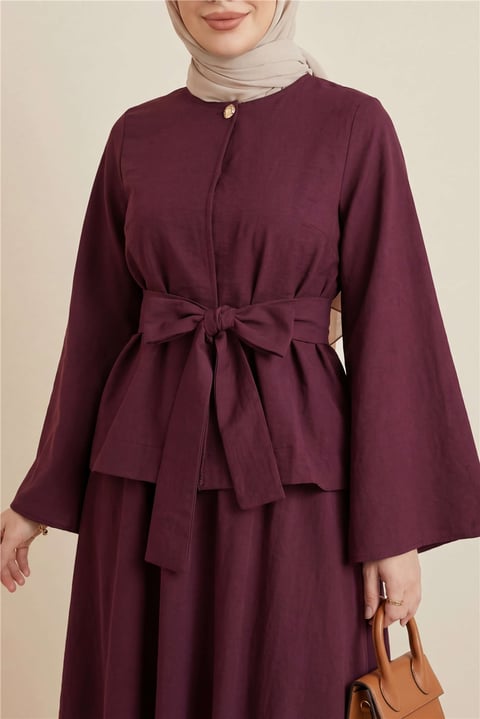 Tek Düğmeli Kuşaklı Etekliİkili Takım -Bordo-Takım-223-3088-R04
