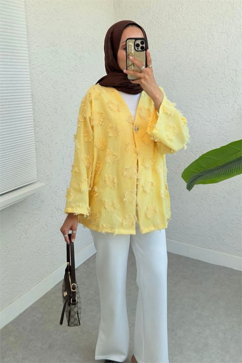 Tek Düğmeli Püskül Detaylı Yırtmaçlı Kimono -Sarı-Hırka-307-2335-R22