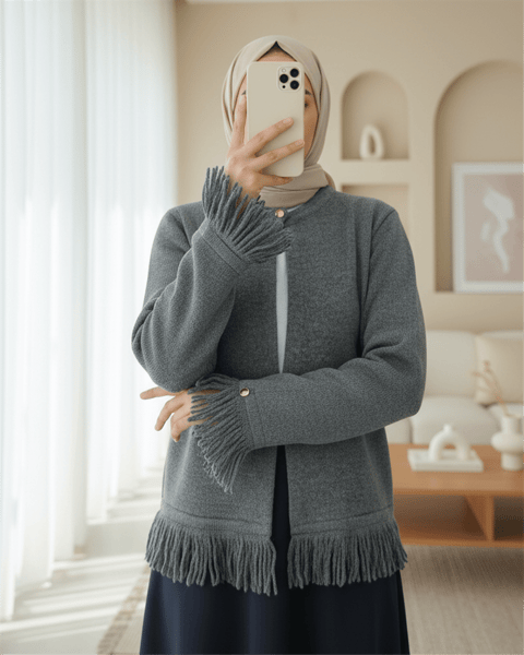 Tek Düğmeli Saçaklı Yumoş Triko Hırka   -Füme-Hırka-295-4502-R18