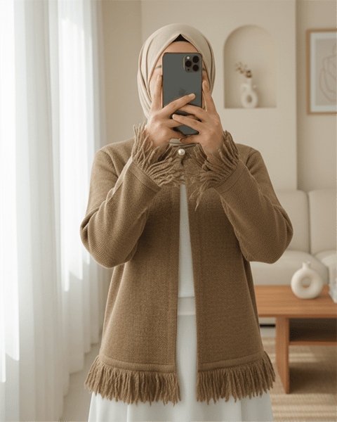 Tek Düğmeli Saçaklı Yumoş Triko Hırka  -Vizon-Hırka-295-4502-R23
