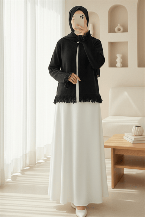 Tek Düğmeli Saçaklı Yumoş Triko Hırka  -Siyah-Hırka-295-4502-R01