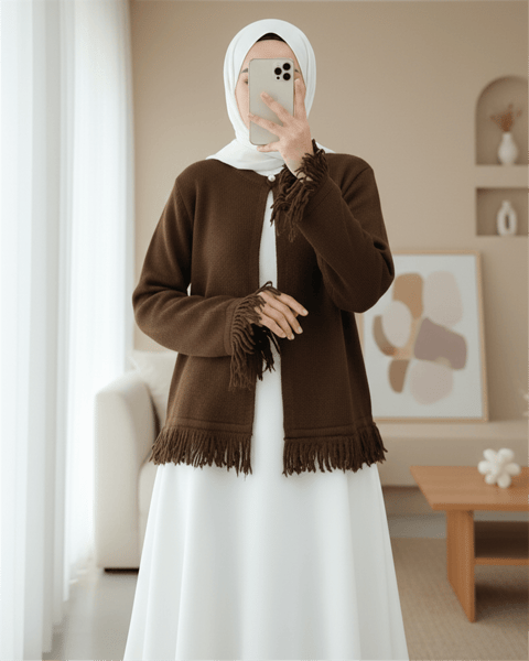 Tek Düğmeli Saçaklı Yumoş Triko Hırka   -Kahve-Hırka-295-4502-R15