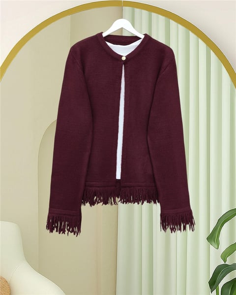 Tek Düğmeli Saçaklı Yumoş Triko Hırka   -Bordo-Hırka-295-4502-R04