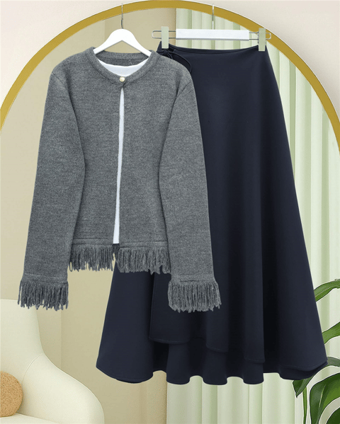 Tek Düğmeli Saçaklı Yumoş Triko Hırka   -Füme-Hırka-295-4502-R18