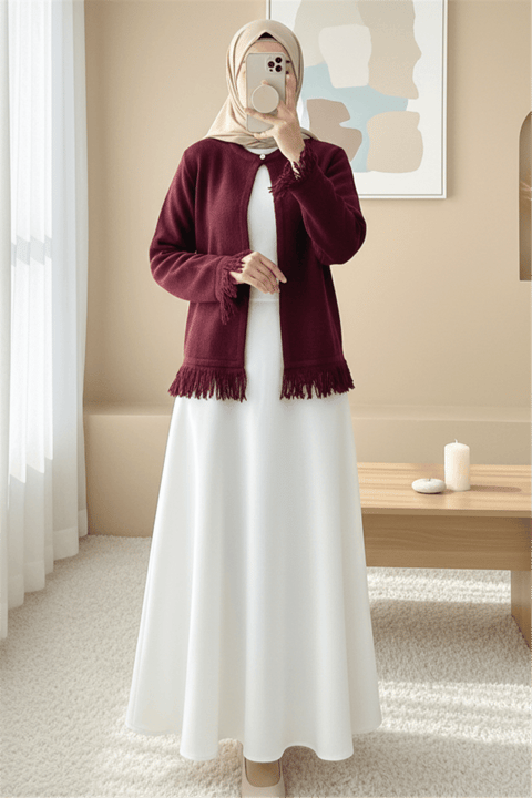 Tek Düğmeli Saçaklı Yumoş Triko Hırka   -Bordo-Hırka-295-4502-R04