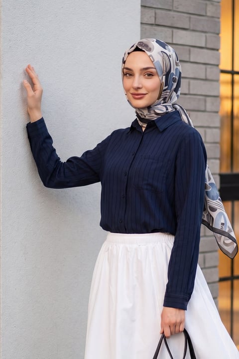 Tep Cepli Arkası Uzun Oversize Keten Gömlek -Lacivert