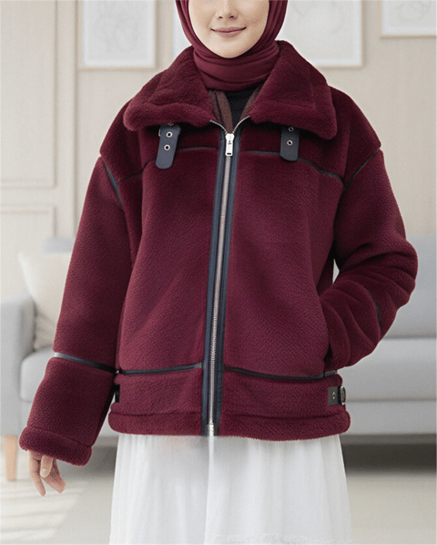 Ters Detay Peluş Lamineli Deri Detaylı Mont -Bordo-Mont-348-2655-R04