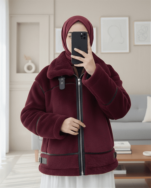 Ters Detay Peluş Lamineli Deri Detaylı Mont -Bordo-Mont-348-2655-R04