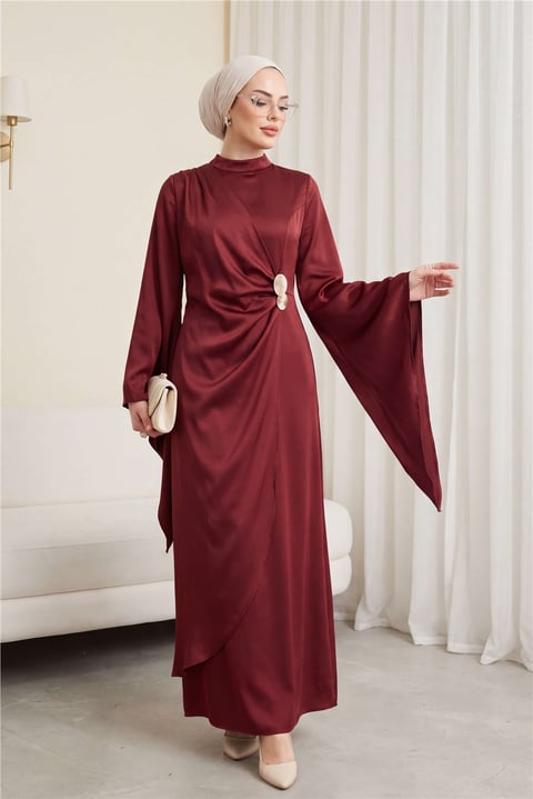 Toka Detaylı Önü Çift Kat Asimetrik Kol Saten Abiye -Bordo-Abiye-316-4925-R04