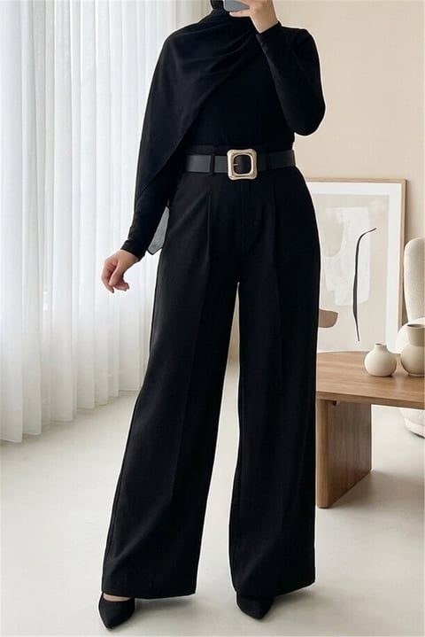 Tokalı Kemerli Beli Katlamalı Bol Paça Modal Krep Pantolon  -Siyah-Pantolon-421-10071-R01