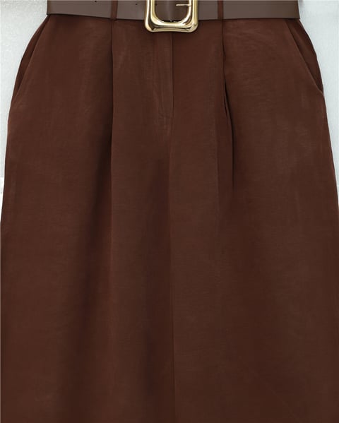 Tokalı Kemerli Beli Katlamalı Bol Paça Modal Krep Pantolon  -Kahve-Pantolon-421-10071-R15