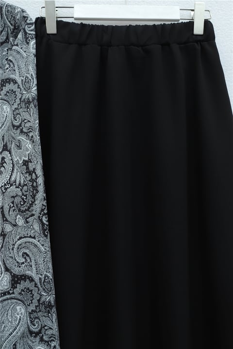 Top Düğme Etnik Desen Etekli Krep Takım -Siyah-Takım-349-8077-R01