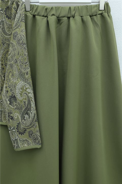 Top Düğme Etnik Desen Etekli Krep Takım -Haki-Takım-349-8077-R05