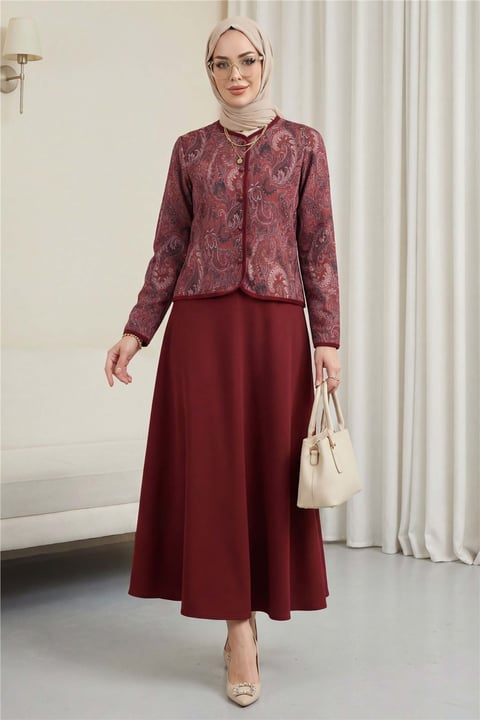 Top Düğme Etnik Desen Etekli Krep Takım -Bordo-Takım-349-8077-R04