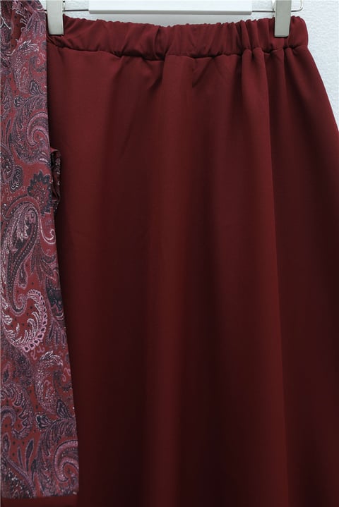Top Düğme Etnik Desen Etekli Krep Takım -Bordo-Takım-349-8077-R04