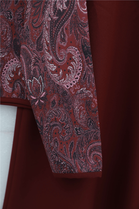 Top Düğme Etnik Desen Etekli Krep Takım -Bordo-Takım-349-8077-R04