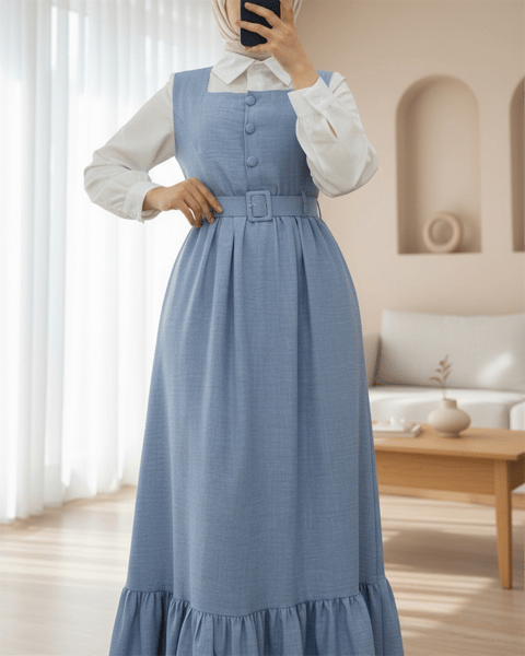 Top Düğmeli Altı Fırfırlı Beli Kemerli  Jile Elbise  -Bebe Mavi-Elbise-346-3063-R32