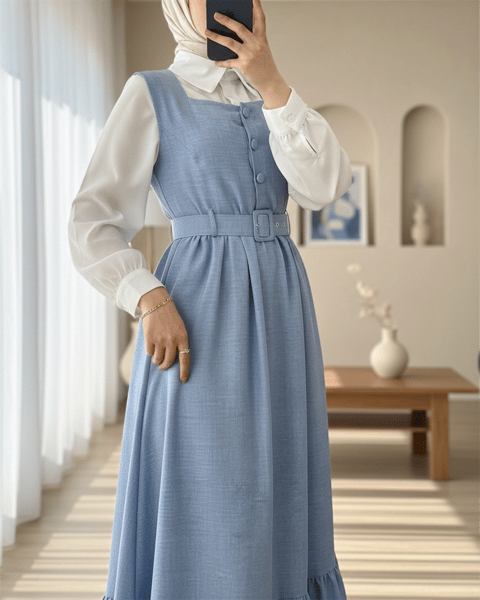 Top Düğmeli Altı Fırfırlı Beli Kemerli  Jile Elbise  -Bebe Mavi-Elbise-346-3063-R32