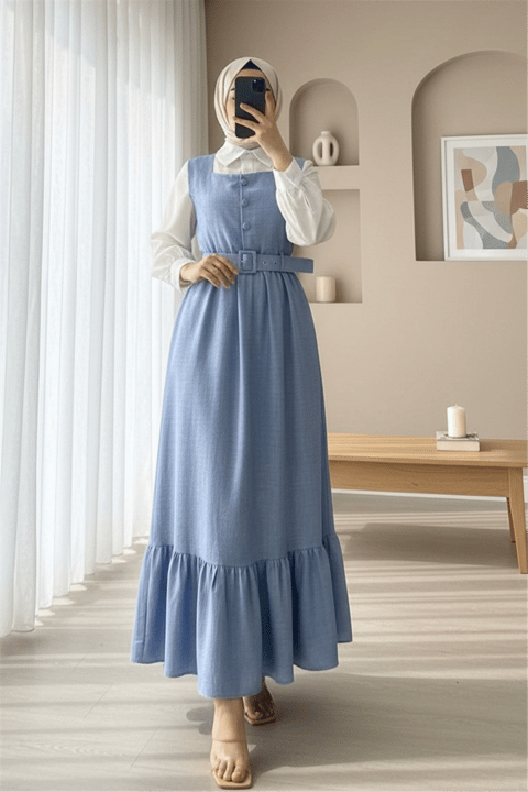 Top Düğmeli Altı Fırfırlı Beli Kemerli  Jile Elbise  -Bebe Mavi-Elbise-346-3063-R32