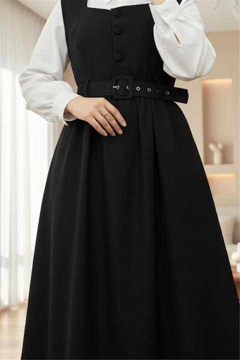 Top Düğmeli Altı Fırfırlı Beli Kemerli  Jile Elbise  -Siyah-Elbise-346-3063-R01