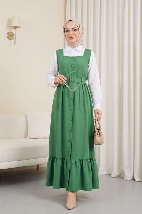 Top Düğmeli Altı Fırfırlı Beli Kemerli  Jile Elbise  -Yeşil-Elbise-346-3063-R35