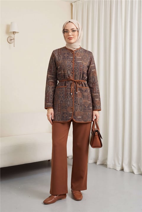 Top Düğmeli Cepli Kemerli Desenli Pantolonlu Dabıl Takım  -Taba-Takım-349-8092-R12
