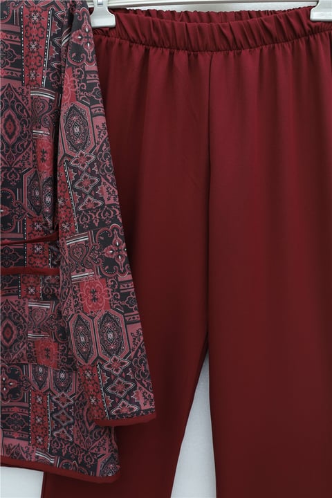Top Düğmeli Cepli Kemerli Desenli Pantolonlu Dabıl Takım  -Bordo-Takım-349-8092-R04