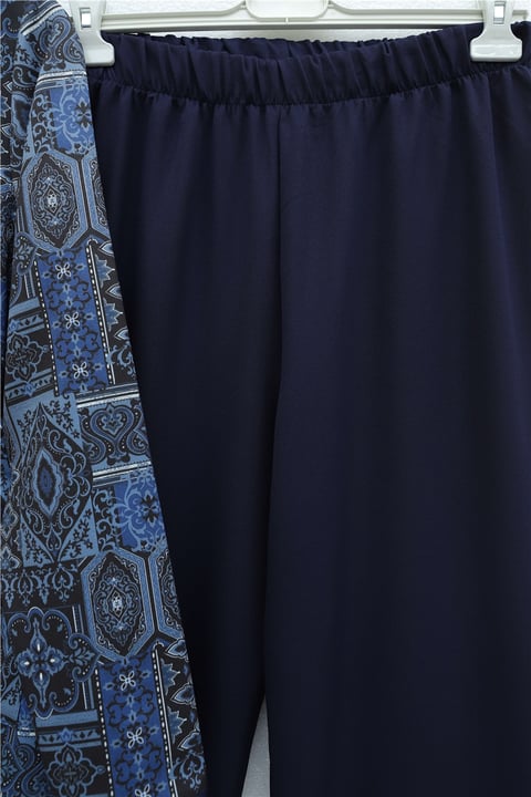 Top Düğmeli Cepli Kemerli Desenli Pantolonlu Dabıl Takım  -Lacivert-Takım-349-8092-R03
