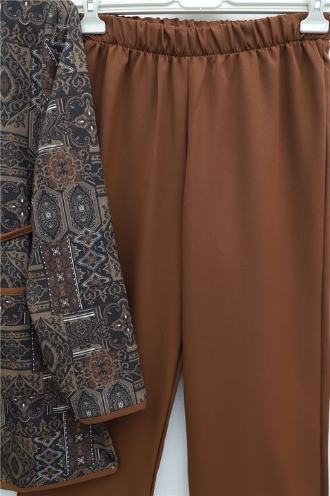 Top Düğmeli Cepli Kemerli Desenli Pantolonlu Dabıl Takım  -Taba-Takım-349-8092-R12