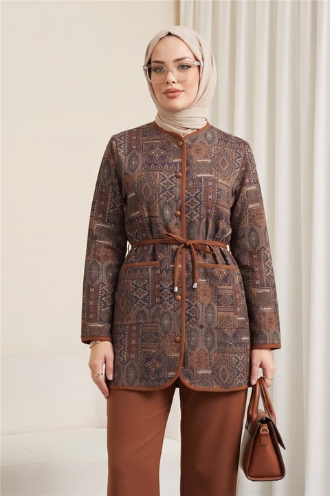 Top Düğmeli Cepli Kemerli Desenli Pantolonlu Dabıl Takım  -Taba-Takım-349-8092-R12