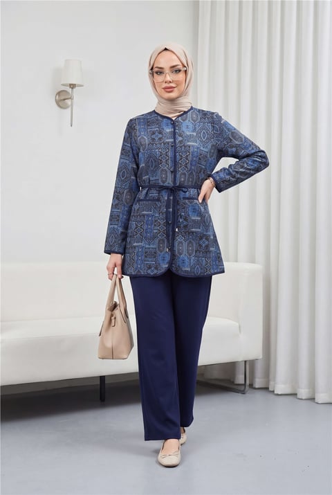 Top Düğmeli Cepli Kemerli Desenli Pantolonlu Dabıl Takım  -Lacivert-Takım-349-8092-R03