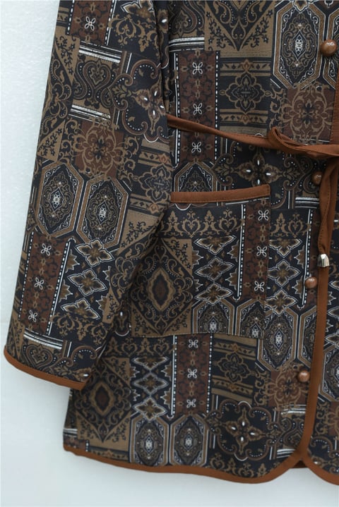 Top Düğmeli Cepli Kemerli Desenli Pantolonlu Dabıl Takım  -Taba-Takım-349-8092-R12