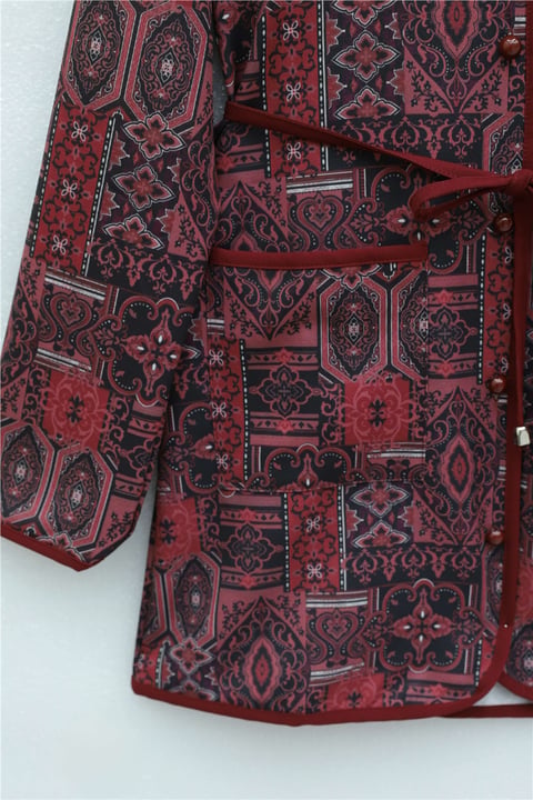 Top Düğmeli Cepli Kemerli Desenli Pantolonlu Dabıl Takım  -Bordo-Takım-349-8092-R04