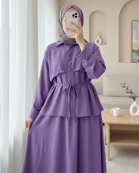 Top Düğmeli Kemerli Etekli Ayrobin Takım  -Mor-Takım-349-6098-R34