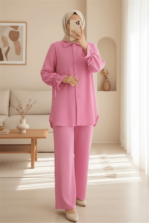 Top Düğmeli Kolu Bağcıklı Krinkıl Takım -Pembe-Takım-349-7065-R20